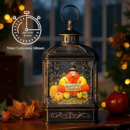 Fall Snow Globe Lantern - Thanksgiving Glittering Lighted Water Lantern, Fall Decorations Autumn Harvest Day Gifts, Table Home Fall Xmas Decor (Turkey & Pumpkins)