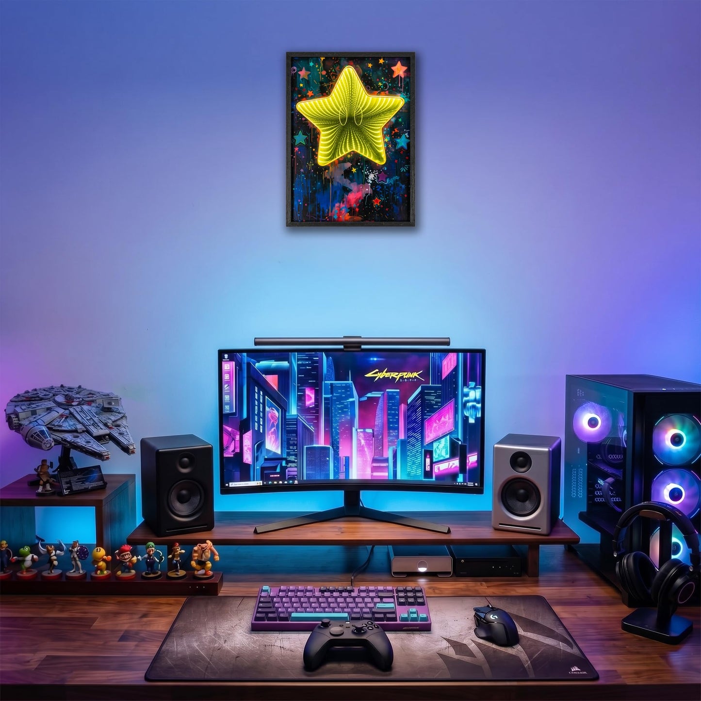 Framed Graffiti Star Wall Decor with Infinity Mirror Light, 3D LED Dimmable Retro Setup Gaming Wall Decor, Poster Artwork Theme Wall Art, for Bedroom Living Room Office Game Room Decor 12x16 Inch