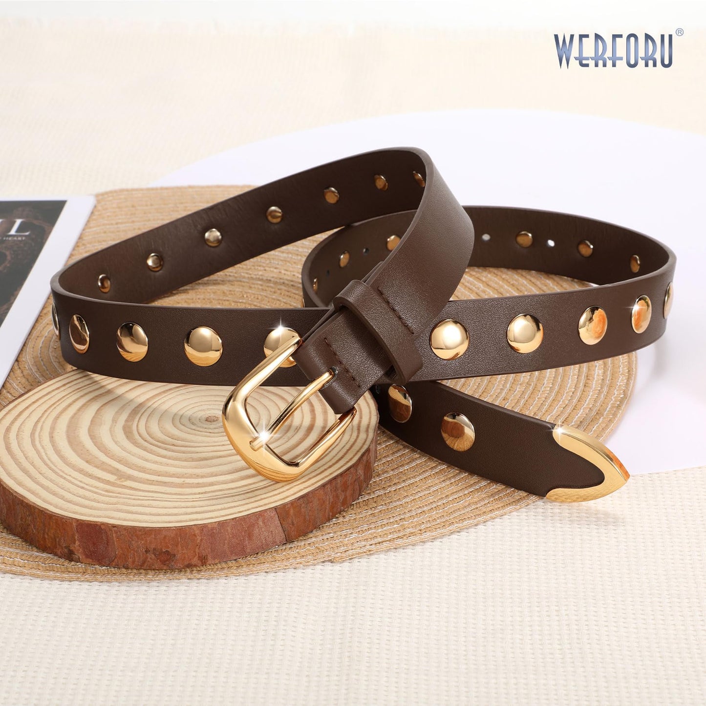 WERFORU Women Fashion Leather Belt Studded Leather Belt Ladies Belts for Jeans Dress Punk Belt,Coffee,25"-30" Waist Adjustable-