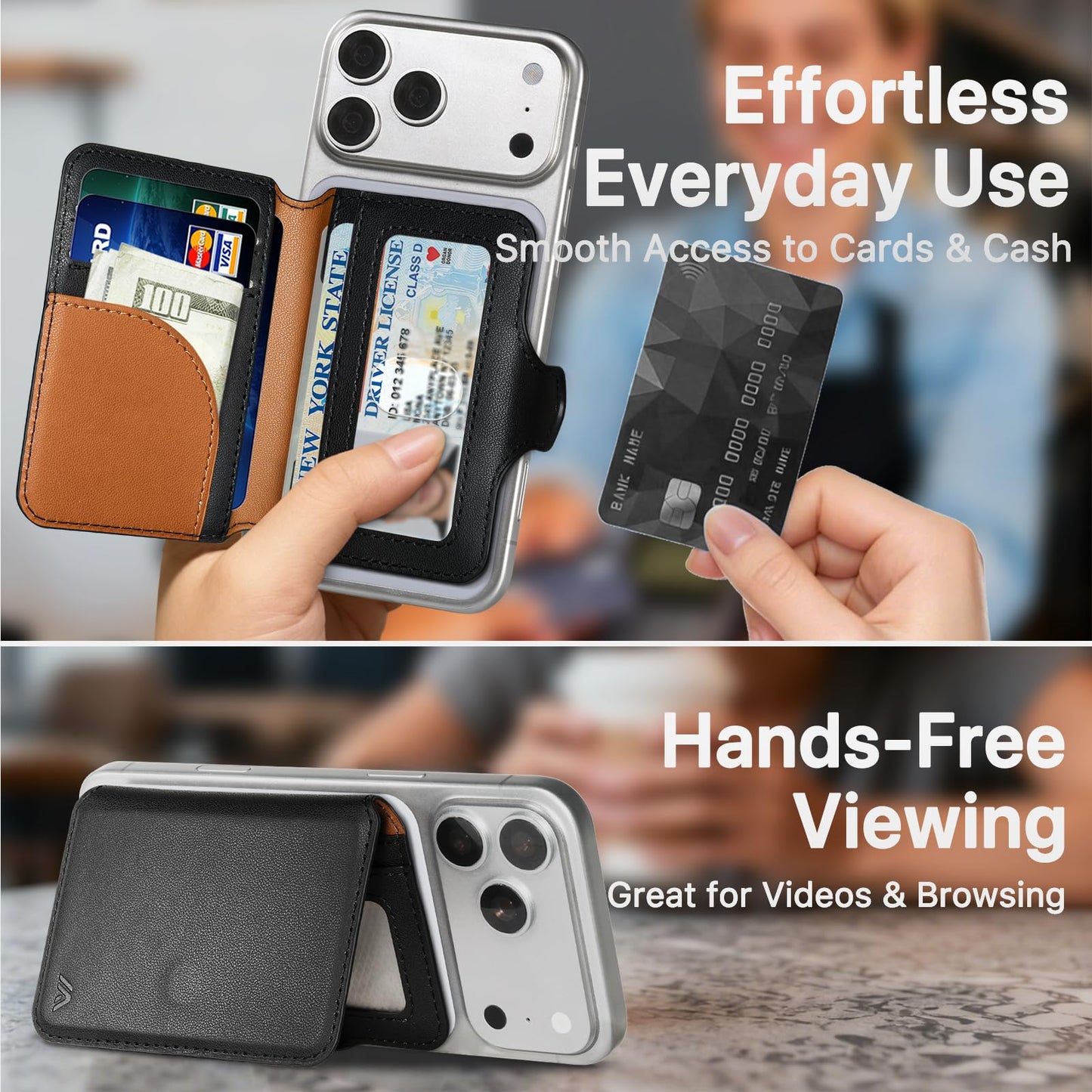 MEFON for MagSafe Wallet, Magnetic Phone Wallet RFID Blocking, Slim 5-8 Card Holder with Cash Slot & Clear ID Window, Minimalist Mag Safe Wallets for iPhone 17/16/15/14/13/12 Series, Midnight Black