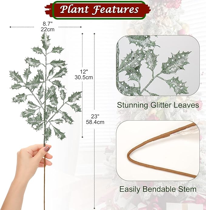 DILATATA 6Pcs Christmas Glitter Leaves Holly Leaves 23" Artificial Mint Green Holly Leaf Picks Sprays Giltter Stems for Christmas Tree DIY Xmas Wreath Garland Home Decor - Mint Green