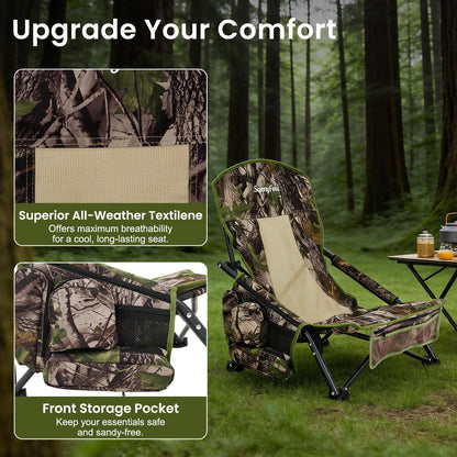 SUNNYFEEL Portable Low Profile Hunting Chair for Ground Blind, Lightweight Folding Turkey Hunting Chair with Silent Steel Frame, No-Sink Feet & Carry Strap, Camo Hunting Seat