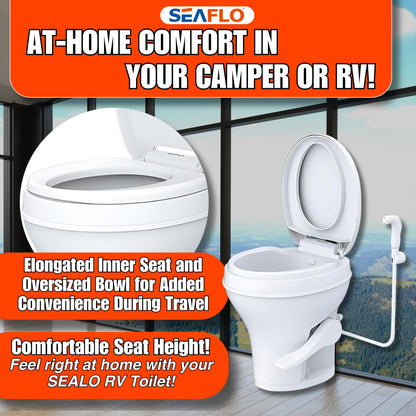 SEAFLO Residential Height Camper/RV Toilet with Sprayer Attachment, 18.5” Standard Height, Gravity Flush System, Foot Pedal Operation, Soft Close Seat, 4-Year Warranty (With Sprayer Attachment)