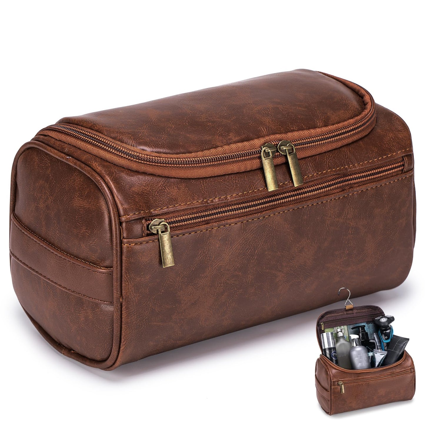 BAGZY Travel Toiletry Bag for Men, Hanging Hygiene Bag EDC Pouches Small Dopp Kit Water-resistant Mens Shaving Kit Bags PU Leather Toiletry Organizer for Travel Weekend Fitness Hospital Brown