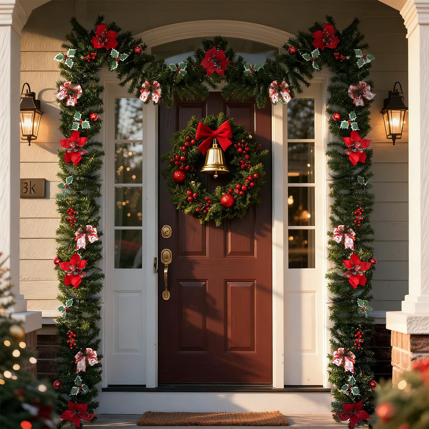 9 FT Christmas Garland with String Light (Individually Packaged), Red Berries, Pinecones, Three-Leafed Berry, Unique Red Flower and Bowknot, Perfect for Decorating Mantel, Staircase, Doorway