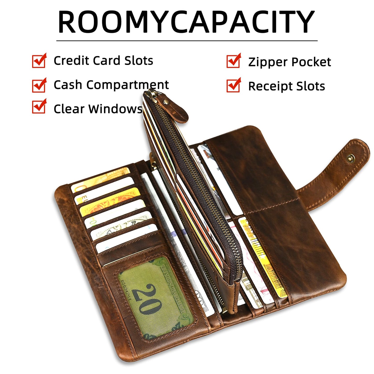 Handadsume Genuine Crazy Horse Leather Travel Gift Coin Pocket Card Case Long Organizer Chain Rfid Wallet Purse With Snap For Men Male 1803 1815 (1803 Light Brown)