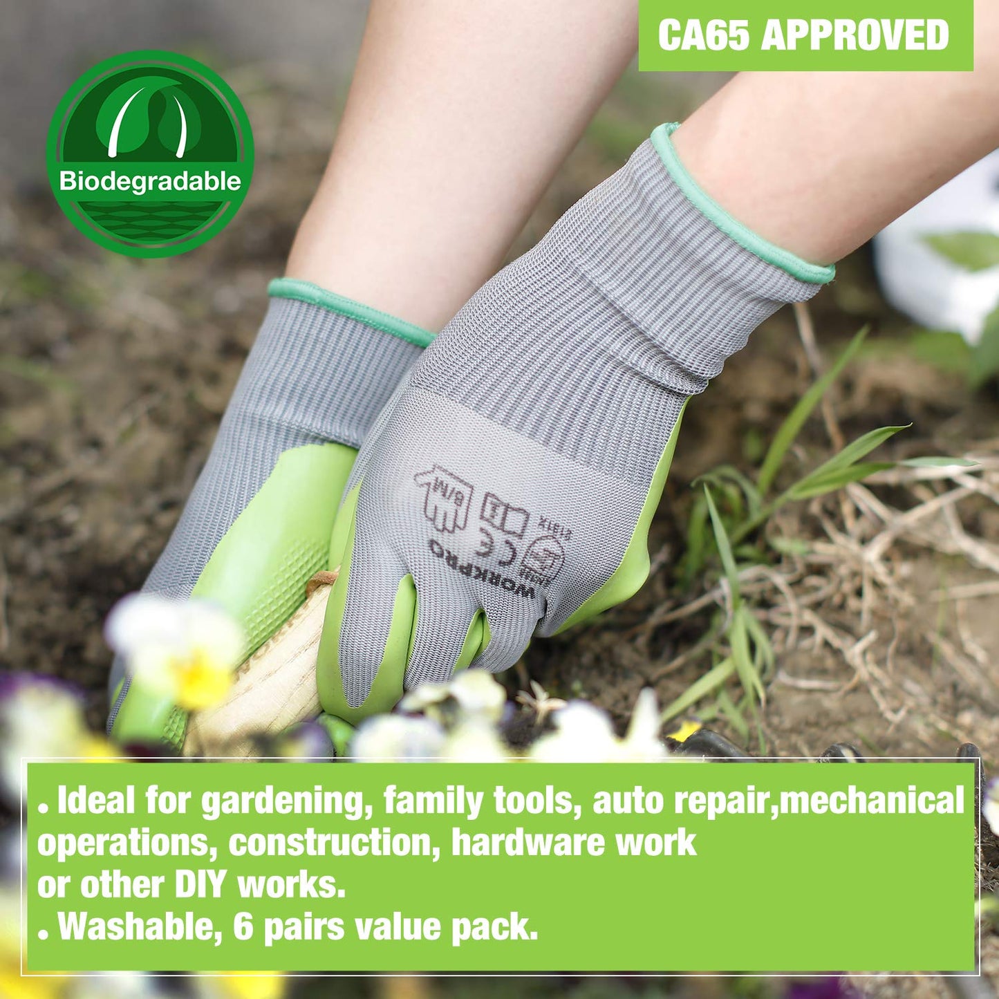 WORKPRO 6 Pairs Garden Gloves, Work Glove with Eco Latex Palm Coated, Gardening Gloves, Working Gloves for Weeding, Digging, Raking, and Pruning (Large)