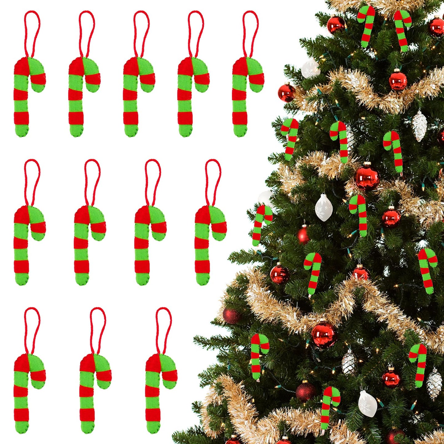 Whaline 12Pcs Christmas Felt Hanging Ornament Red Green Candy Cane Felt Ornaments for Xmas Tree Indoor Outdoor Decoration