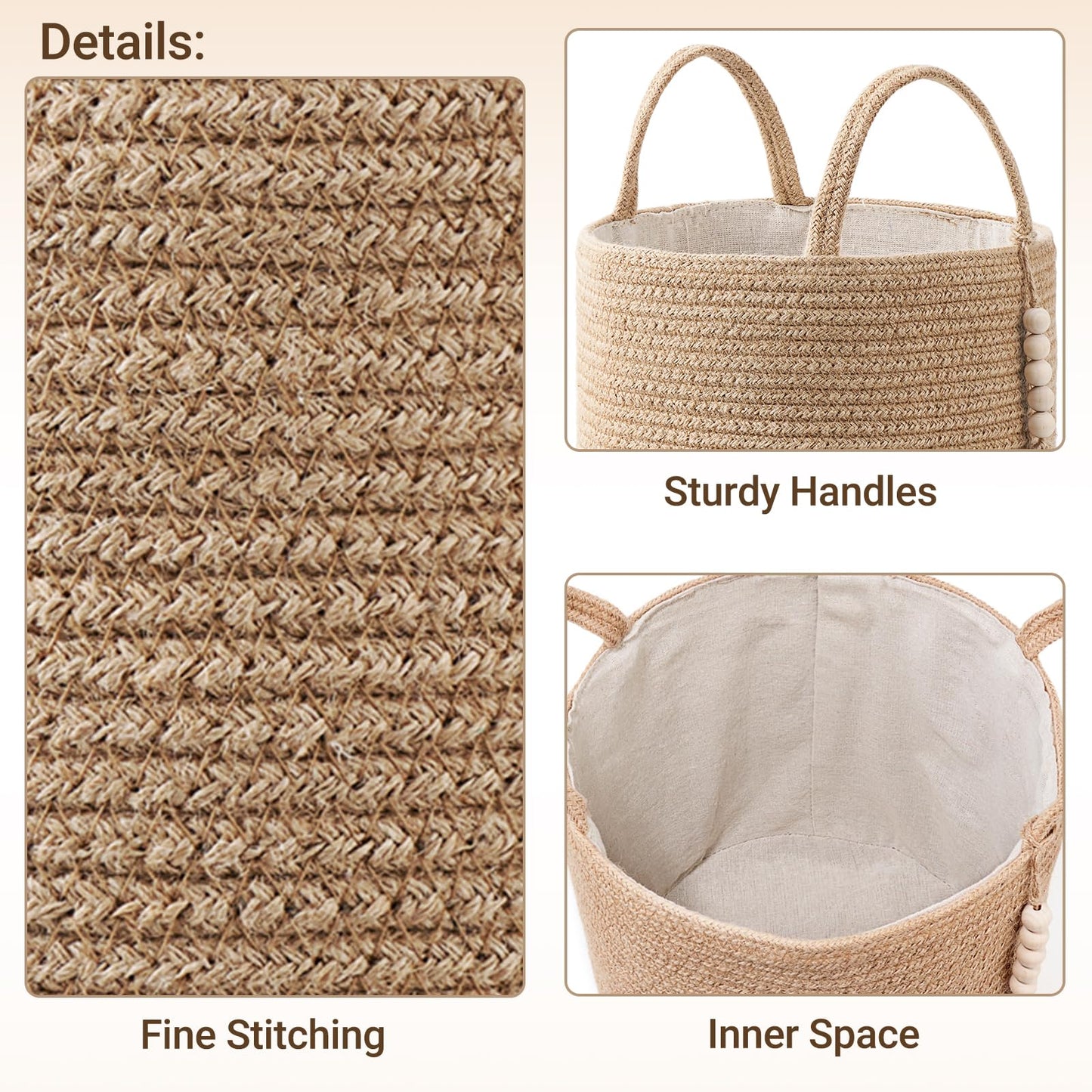 Mkono Tall Wicker Laundry Basket Woven Storage Basket Decorative Natural Rope Basket Wooden Bead Decoration for Blankets,Toys,Clothes,Shoes,Plant Organizer Bin with Handles Living Room 15" Wx17.7 L