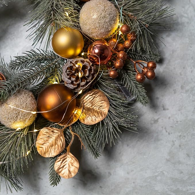 YULETIME 20-inch Christmas Wreath, Battery Operated Holiday Wreath with 20 Fairy Lights, Golden Baubles & Berries, Pine Cones, Golden Leaves, Frosted Spruce Branches and Pine Needles (Gold)
