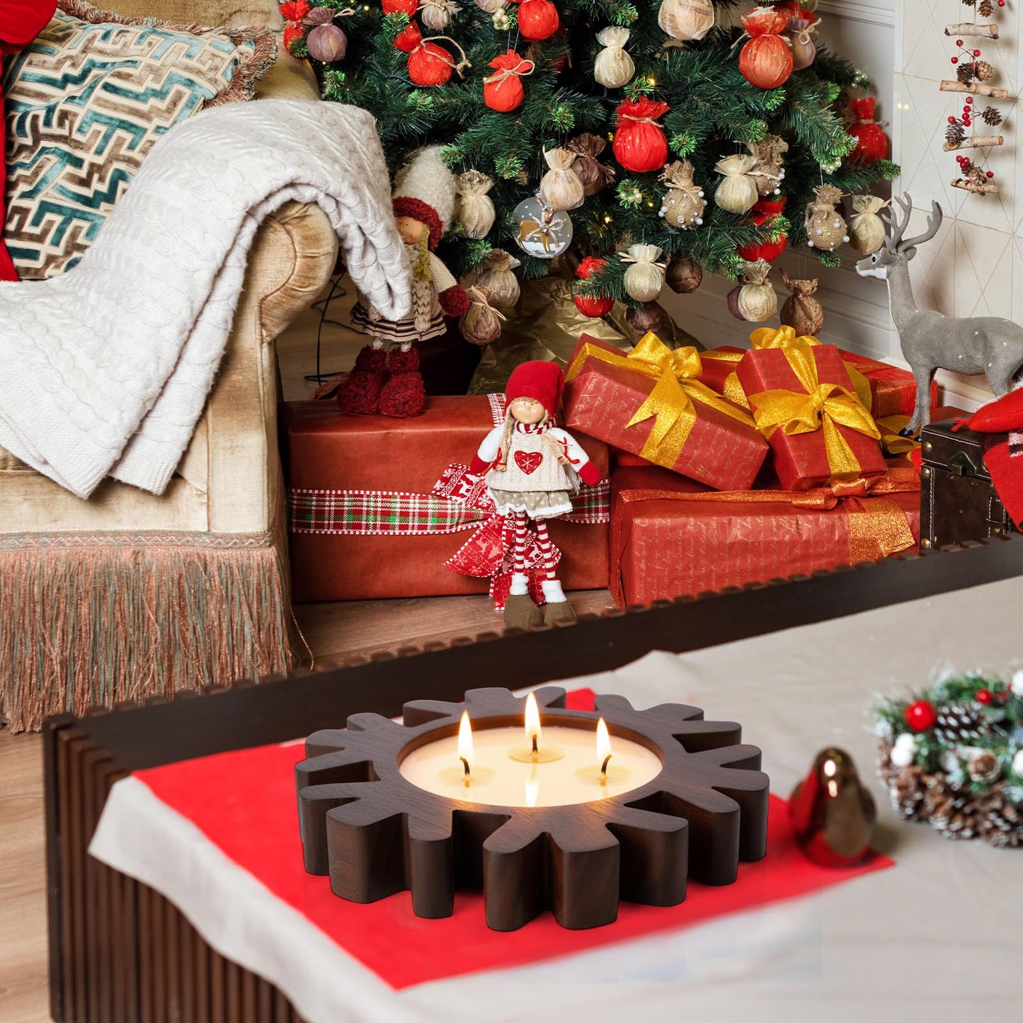 Potchen 1 Set Wooden Christmas Bowl Candle Gifts 14oz Large Rustic Wood Christmas Dough Bowl Candle with Berries Pine Label for Xmas Farmhouse Table Centerpiece Decor, 11.81 x 9.84 in(Snowflake)