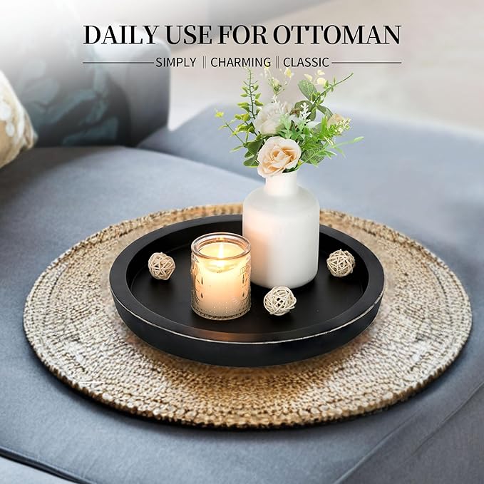 Hanobe Black Round Decorative Coffee Tray Wooden Trays for Coffee Table Centerpieces Dining Room Circle Wood Ottoman Serving Tray for Bathroom Kitchen Counter Candle Holder