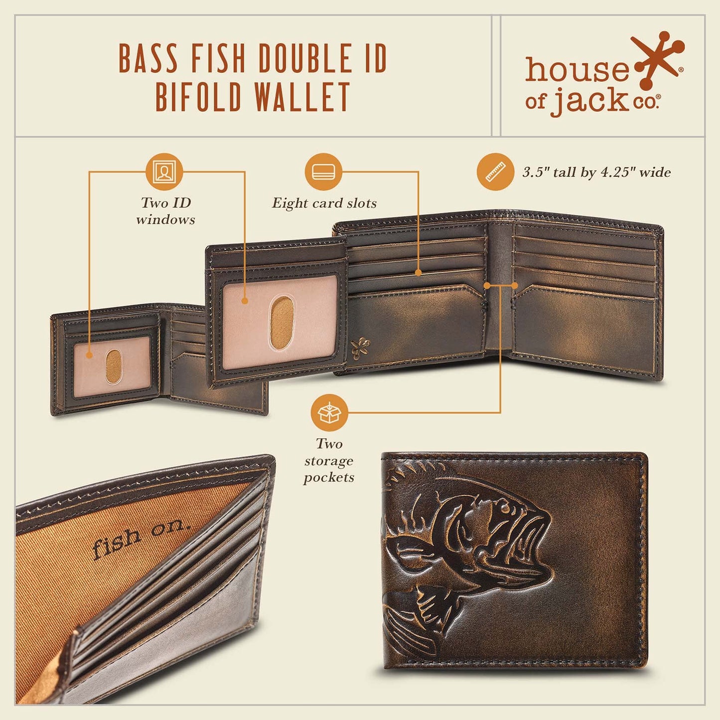 House of Jack Co. Bass Fish Double ID Bifold Wallet for Men, Full Grain Leather Bifold Wallet, 2 ID Windows, 10 Card Slots, Fishing Wallet, Black