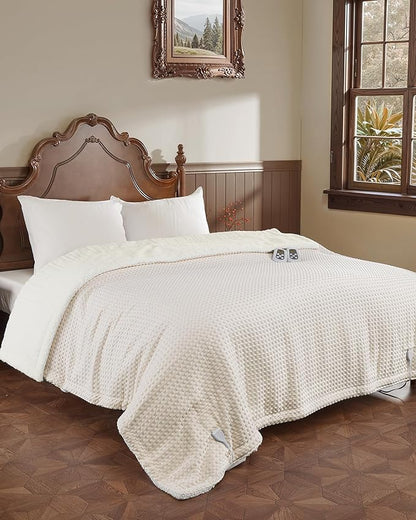 CAROMIO Heated Blanket Full Size, Waffle Weave Electric Blanket Throw with LCD Controller, Fast Heating, 10 Heat Levels & 1-12H Time Settings, ETL Certified, Machine Washable, Beige, 72" x 84"