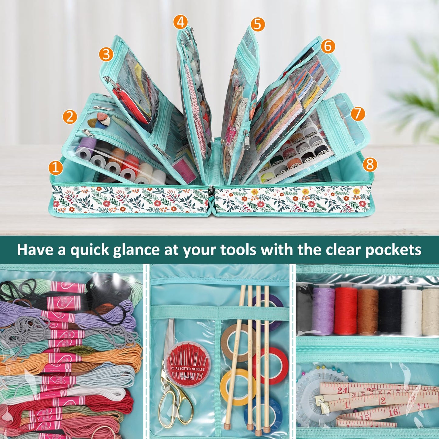 FINPAC Sewing and Craft Supplies Storage Tote, Large Capacity Travel Packing Organizer Bag with Clear Pockets and Handle for Knitting, Crochet, Art, Sewing Accessories (Spring Bloom)
