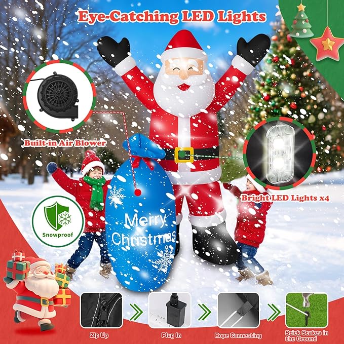 8Ft Christmas Decorations Outdoor Inflatables Giant Santa Claus Carrying a Blue Bag, Blow Up Built-in LED Lights for Party Outdoor Garden Indoor Yard Lawn