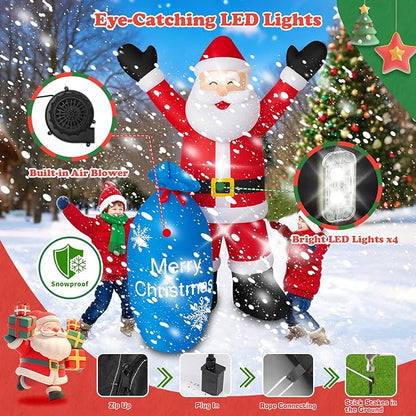 8Ft Christmas Decorations Outdoor Inflatables Giant Santa Claus Carrying a Blue Bag, Blow Up Built-in LED Lights for Party Outdoor Garden Indoor Yard Lawn