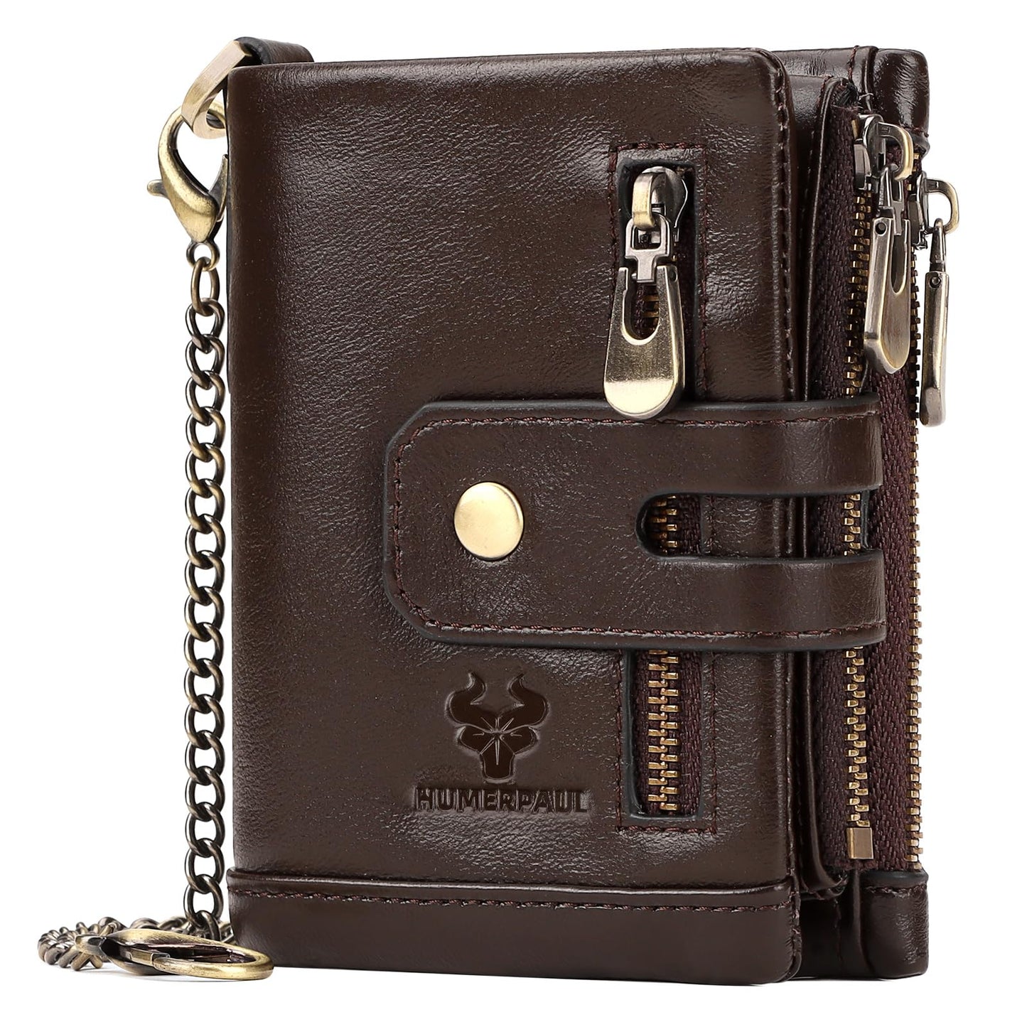 HUMERPAUL Genuine Leather Chain Wallet for Men, RFID Blocking Biker Trifold Credit Card Holder with Zipper Coin Pocket & Money Clip (Coffee)