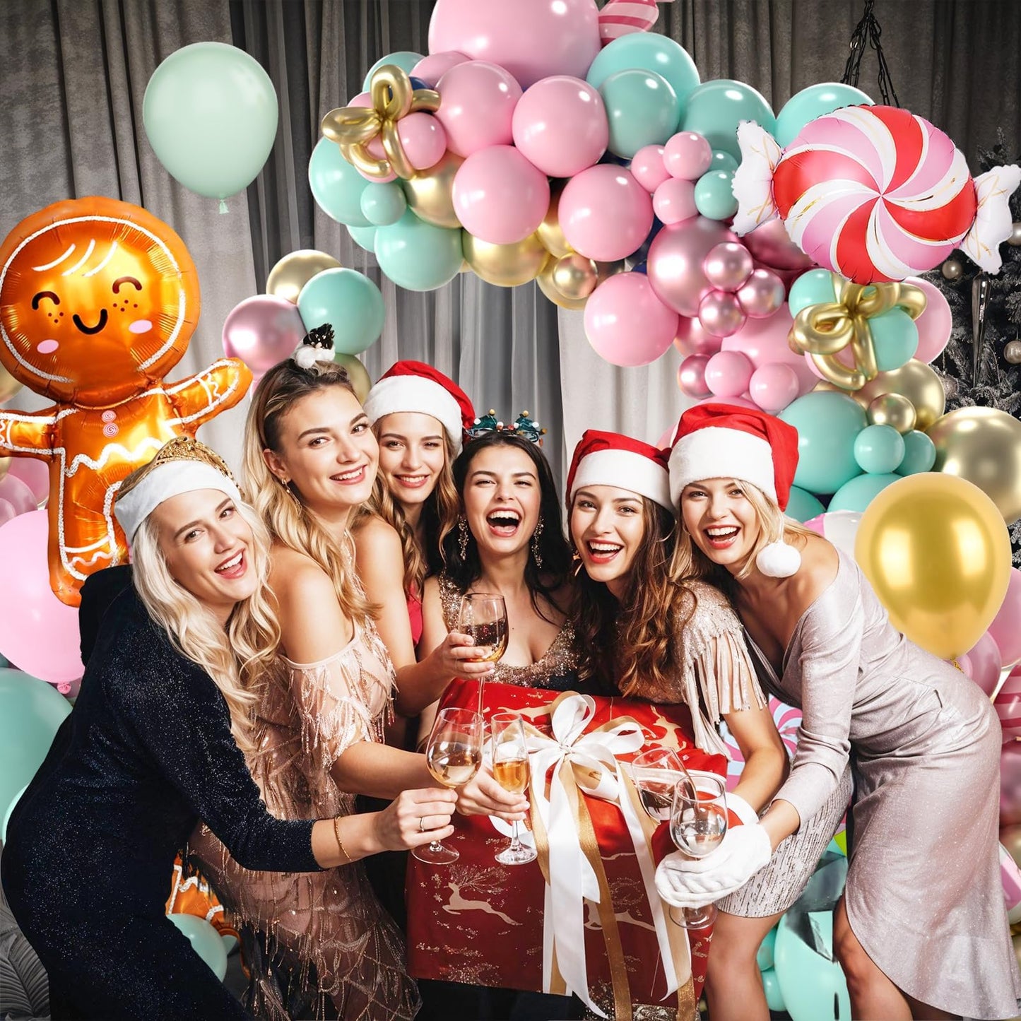 Christmas Balloons Arch Kit, 125 PCS Maca Pink Green Christmas Balloons, Gingerbread Balloon Garland with Candy Cane & Gingerbread Foil Balloon Decorations for Party