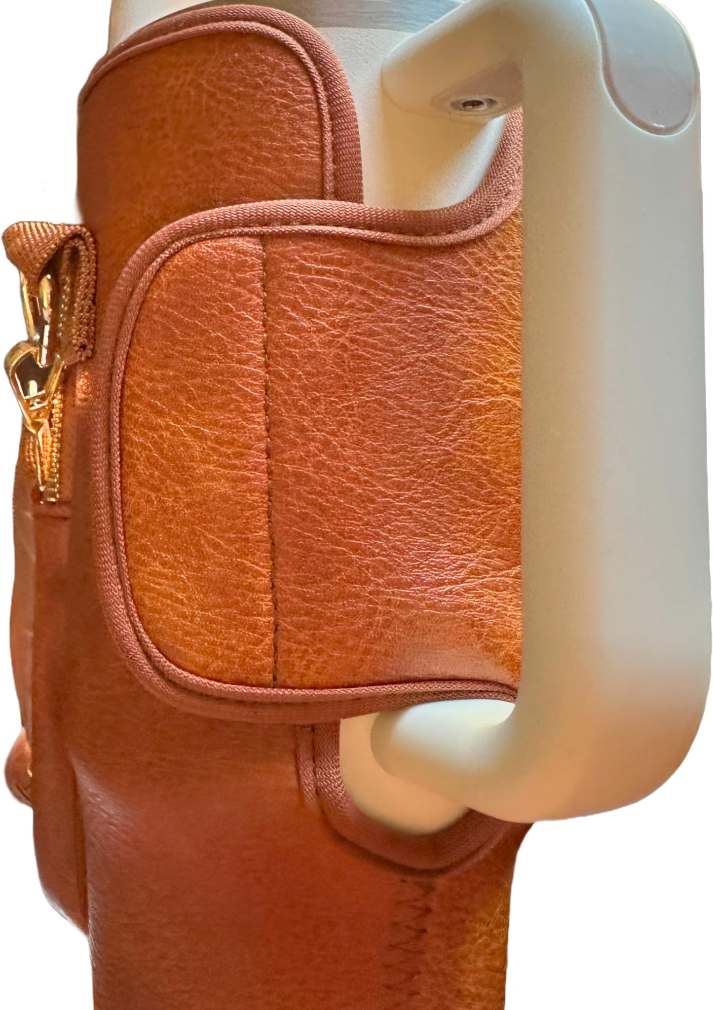 Resin & Reed Water Bottle Carrier Bag with Phone Wallet, Compatible with 40oz Stanley and Other Tumblers (Brown Pleather)