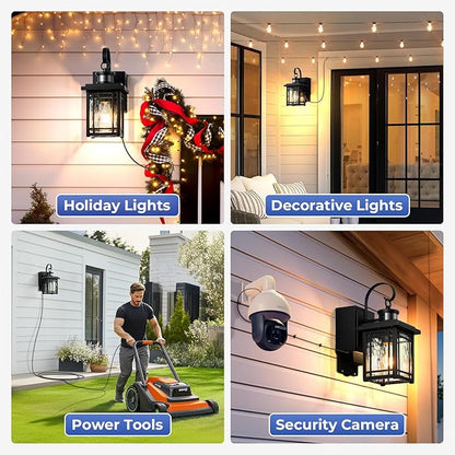 2-Pack Front Porch Light with GFCI Outlet, Black Motion Sensor Outdoor Light Fixtures Wall Mount, Exterior Wall Sconce with Adjustable Sense Range, 100% Aluminum Coach Lantern for Garage, Patio