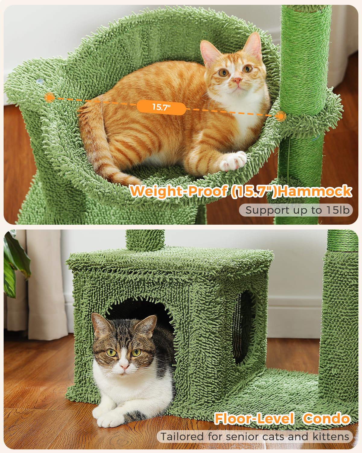 MUTTROS Cactus Cat Tree 40" Cat Tower with Large Metal Carpet Hammock, Cat Scratching Post for Indoor Cats with Condo & Replaceable Toy Ball, Green