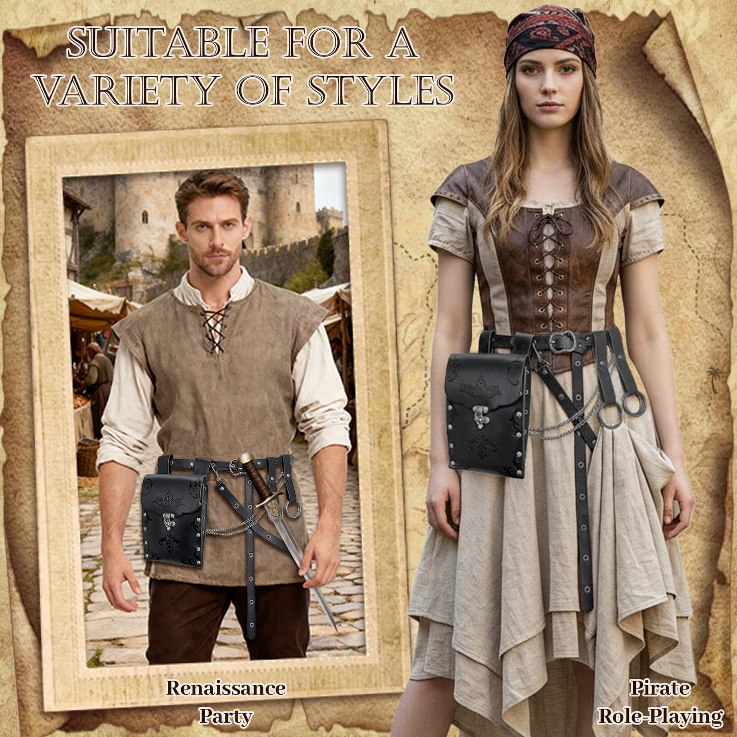 TobWeaL Renaissance Pirate Chain Belt Pouch Set - Medieval Viking Skirt Hike Faux Leather Waist Bag Costume Accessories for Cosplay (Black)