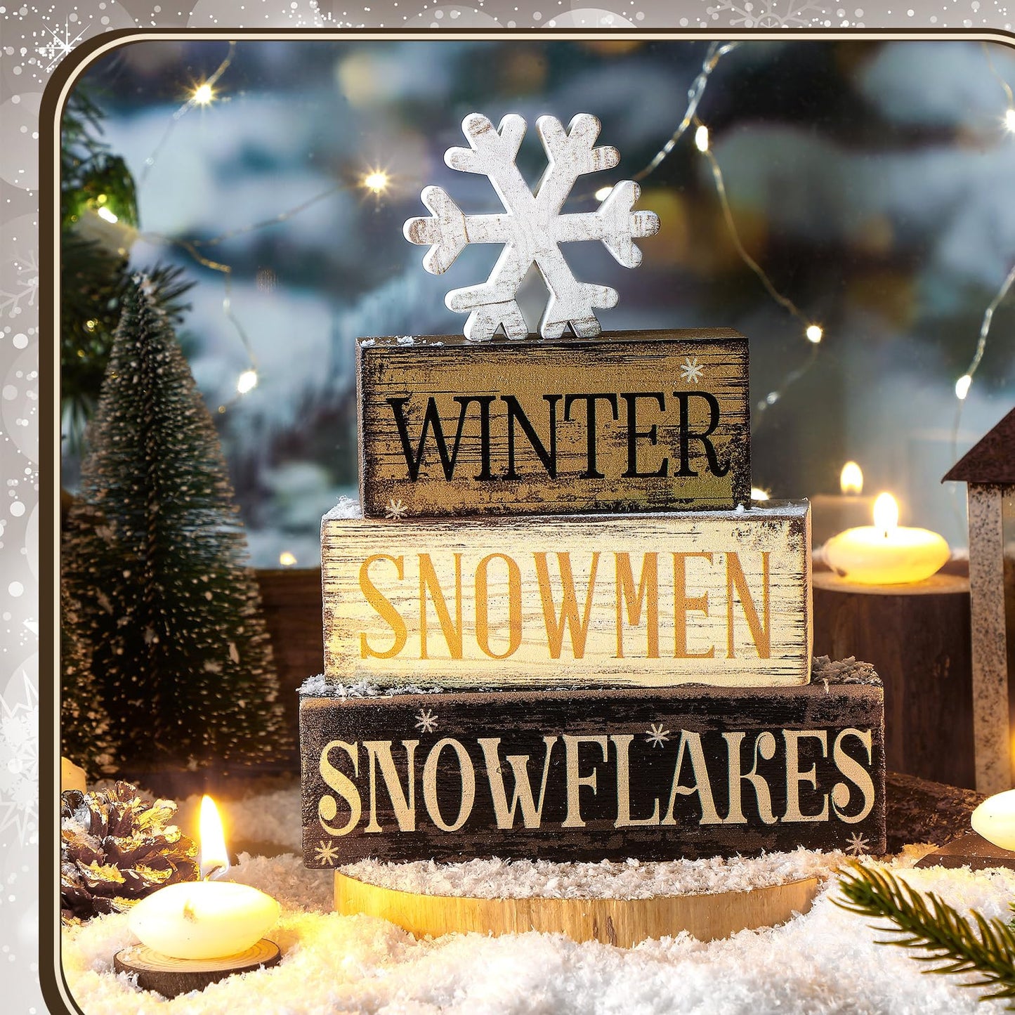 Moucuny 4 Pcs Winter Table Decorations Wooden Snowflake Decor Christmas Tiered Tray Decor Rustic Snow Block Signs Gift Farmhouse Christmas Centerpiece for Winter Wonderland Party Kitchen Shelf Home