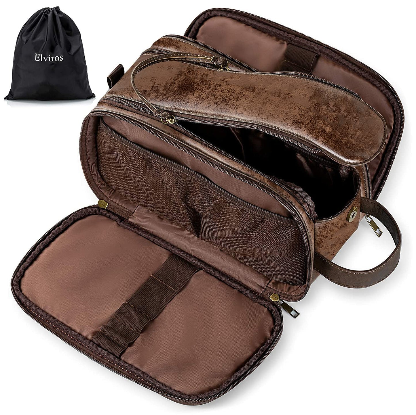 Elviros Toiletry Bag for Men, Large Travel Shaving Dopp Kit Water-resistant Bathroom Toiletries Organizer PU Leather Cosmetic Bags Fathers Day Gift (Medium, Chocolate)