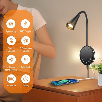 LED Wall Mount Reading Light, Bedside Reading Lights with Touch Control, 5 Dimmable, USB Output, Night Light & Timers, Flexible Gooseneck Headboard Bed Lights Wall Sconce