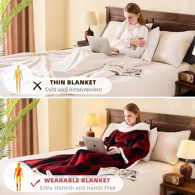 IFNOW Sherpa Wearable Blanket with Sleeves for Women Men Adults, Cozy Wearable Blanket with Arm and Pocket, Warm Full Body TV Wrap Throw blanket, Soft Robe Blanket as Gifts for Mom Wife, Plaid