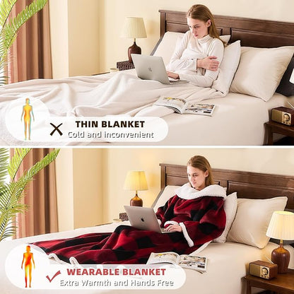 IFNOW Sherpa Wearable Blanket with Sleeves for Women Men Adults, Cozy Wearable Blanket with Arm and Pocket, Warm Full Body TV Wrap Throw blanket, Soft Robe Blanket as Gifts for Mom Wife, Plaid