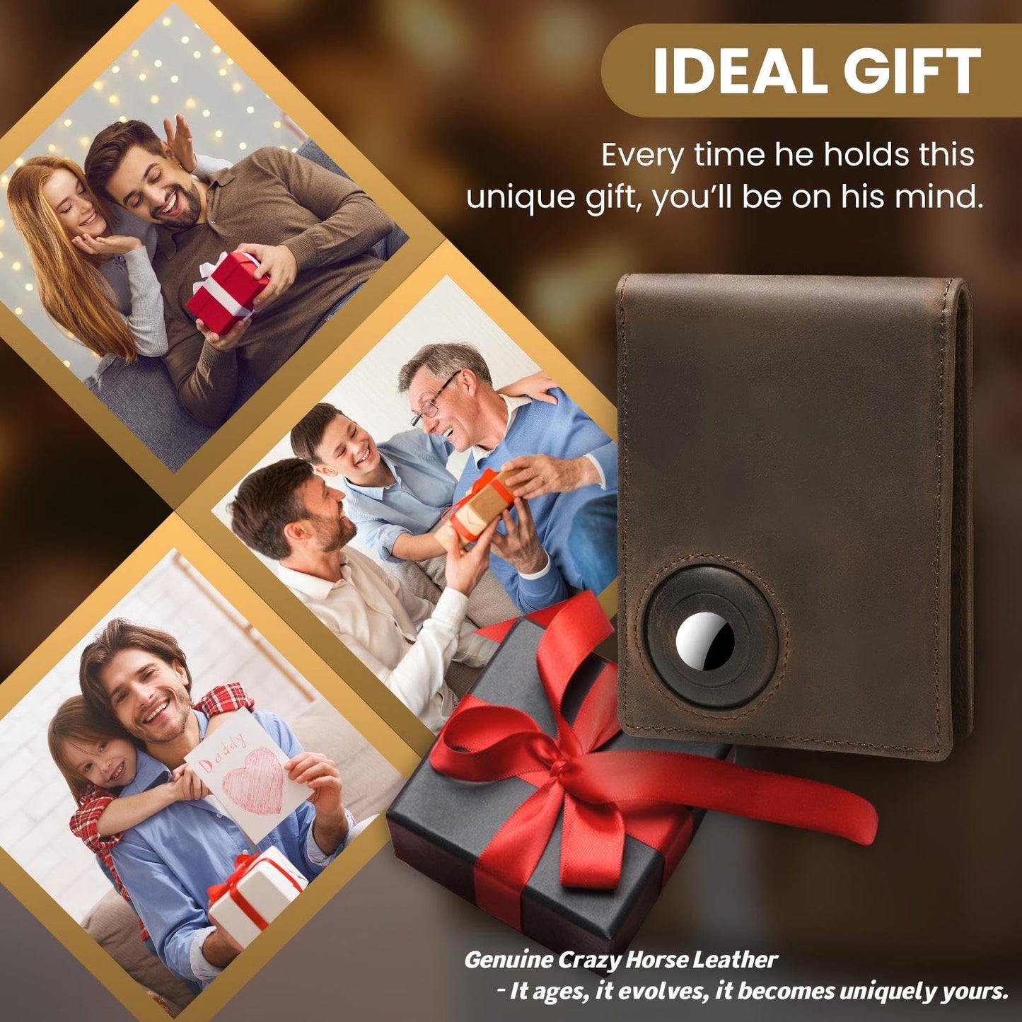 HZSMART Genuine Leather Wallet for Men, RFID Wallet with Airtag Slot,Crazy Horse Leather Card Holder Wallets with gift box Air tag Tracker NOT INCLUDED (Brown)