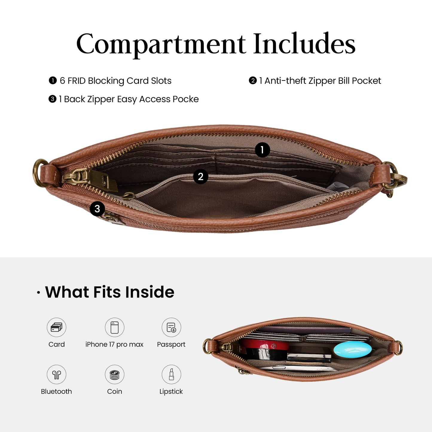 befen Genuine Leather Clutch Purse for Women RFID Blocking Wristlet Purses Brown Crossbody Bag Small Real Leather Crossbody Wallet for Travel Soft Designer Handbag with Shoulder and Wrist Strap