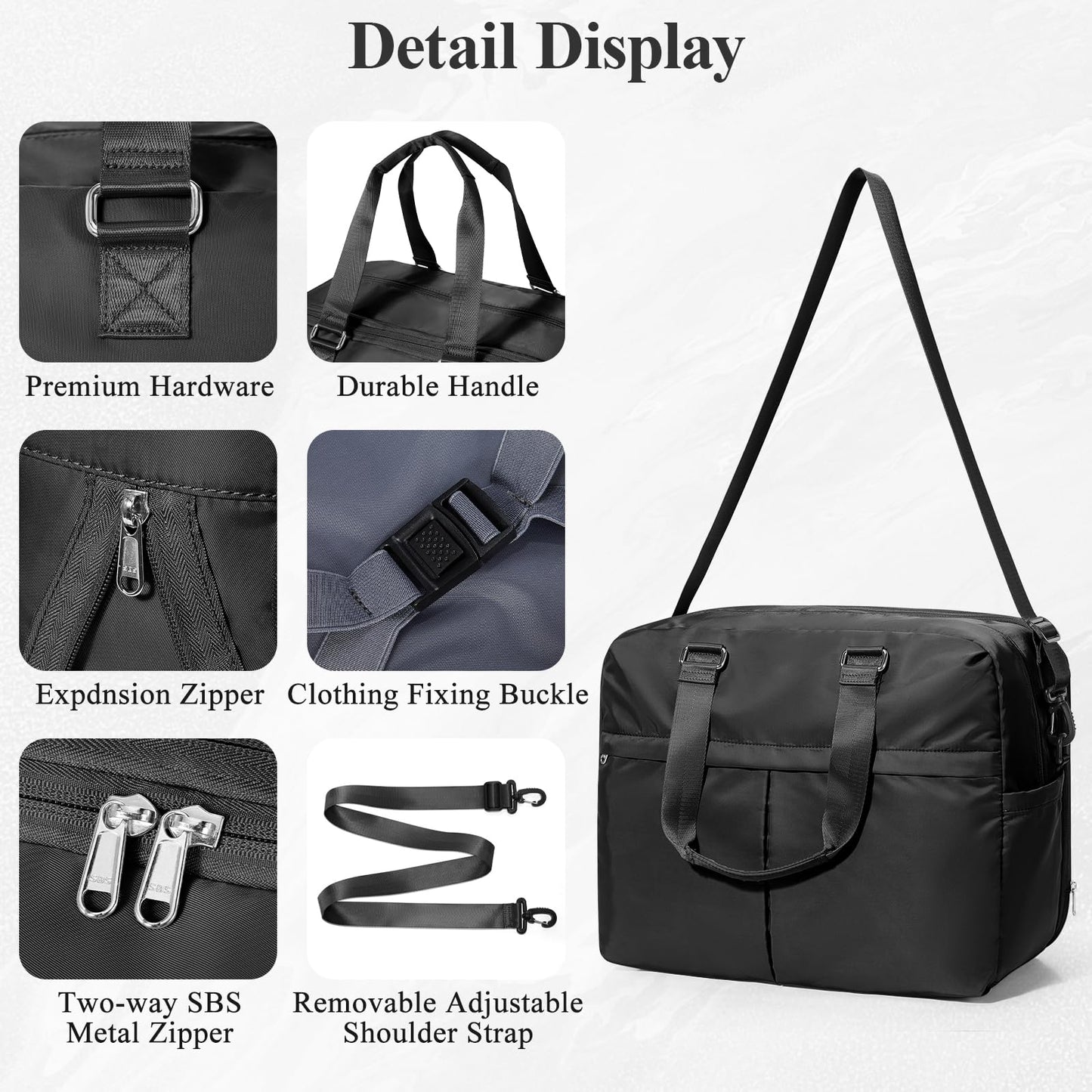 Expandable Personal Item Travel Duffle Bag Weekender Bag for Women Men, Overnight Hospital Carry On Bag with Toiletry Bag for Airplanes Travel Business Trips Sport,Black