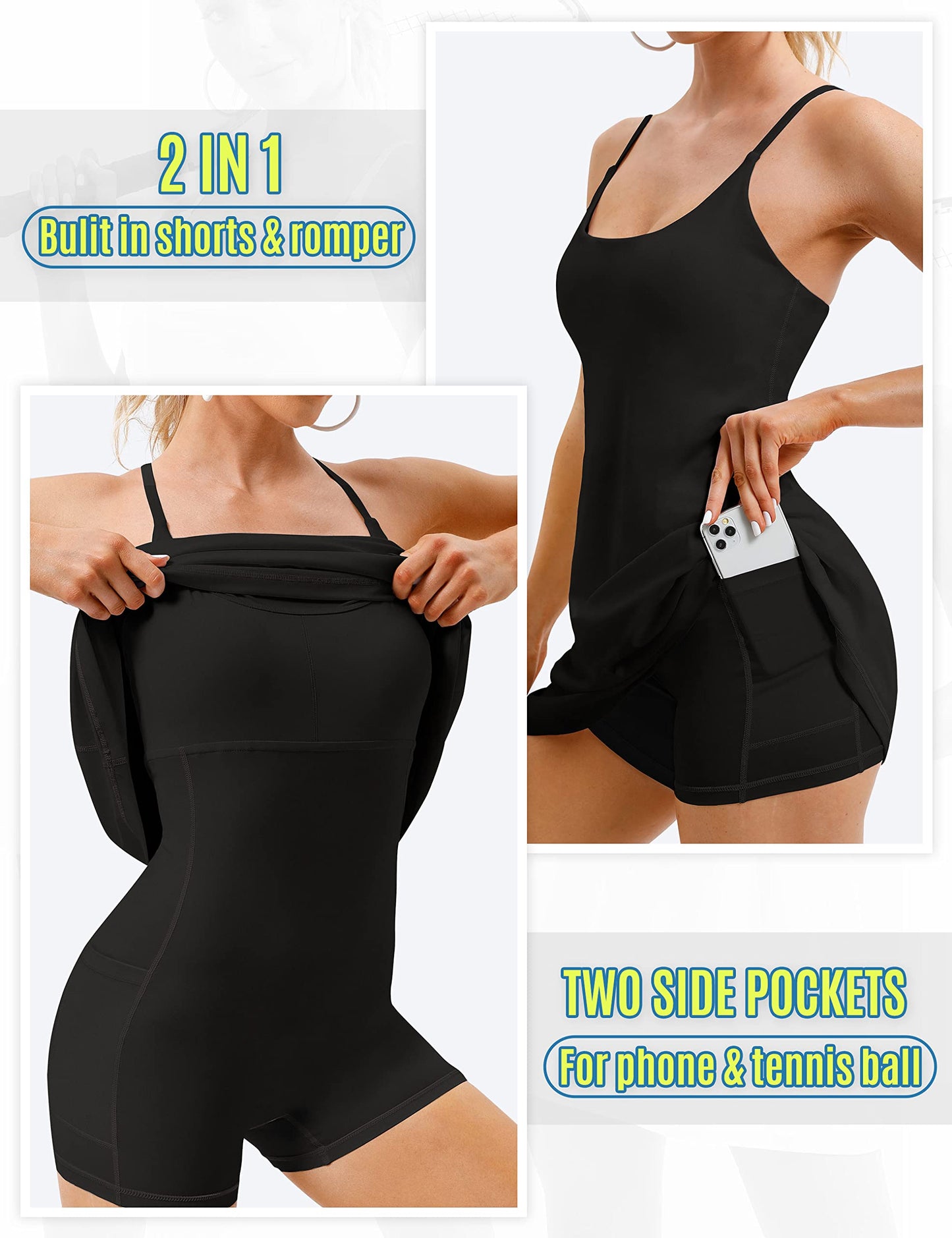 Womens Tennis Dress with Built-in Bra & Shorts Pockets - Summer Golf Athletic Dress in Black