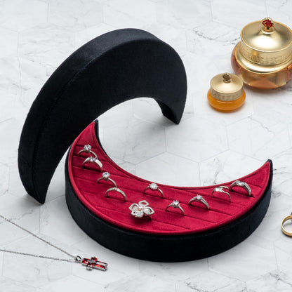 COWFEX Velvet Multiple Ring Box Organizer Display Tray Crescent Moon Shape Jewelry Box Earring Holder Case for Wedding Birthday Christmas Day (Black and Red)