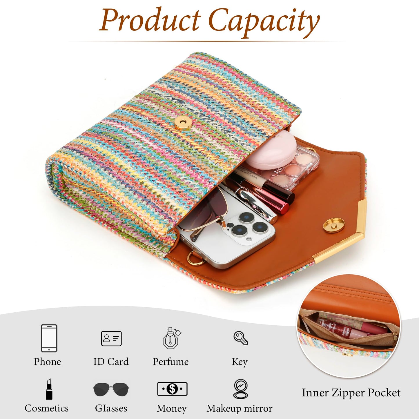 KKXIU Women Straw Envelope Clutch - Woven Handbags for Wedding Party Beach Summer, Purses for Women with Detachable Chain Shoulder Strap