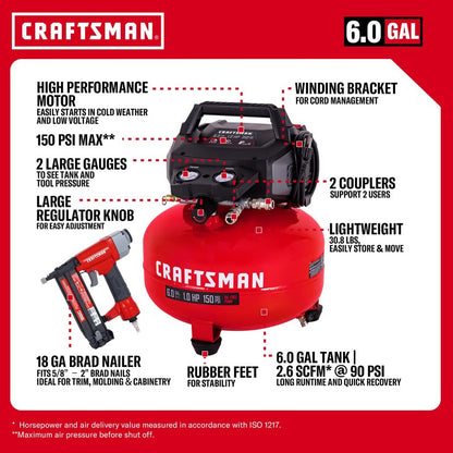 CRAFTSMAN 6 Gallon Pancake Air Compressor with 18GA Brad Nailer, Portable Oil-Free, 150 PSI, 2.6 SCFM @ 90 PSI, 10-Piece Accessory Kit, Model CMXECXA0210641D