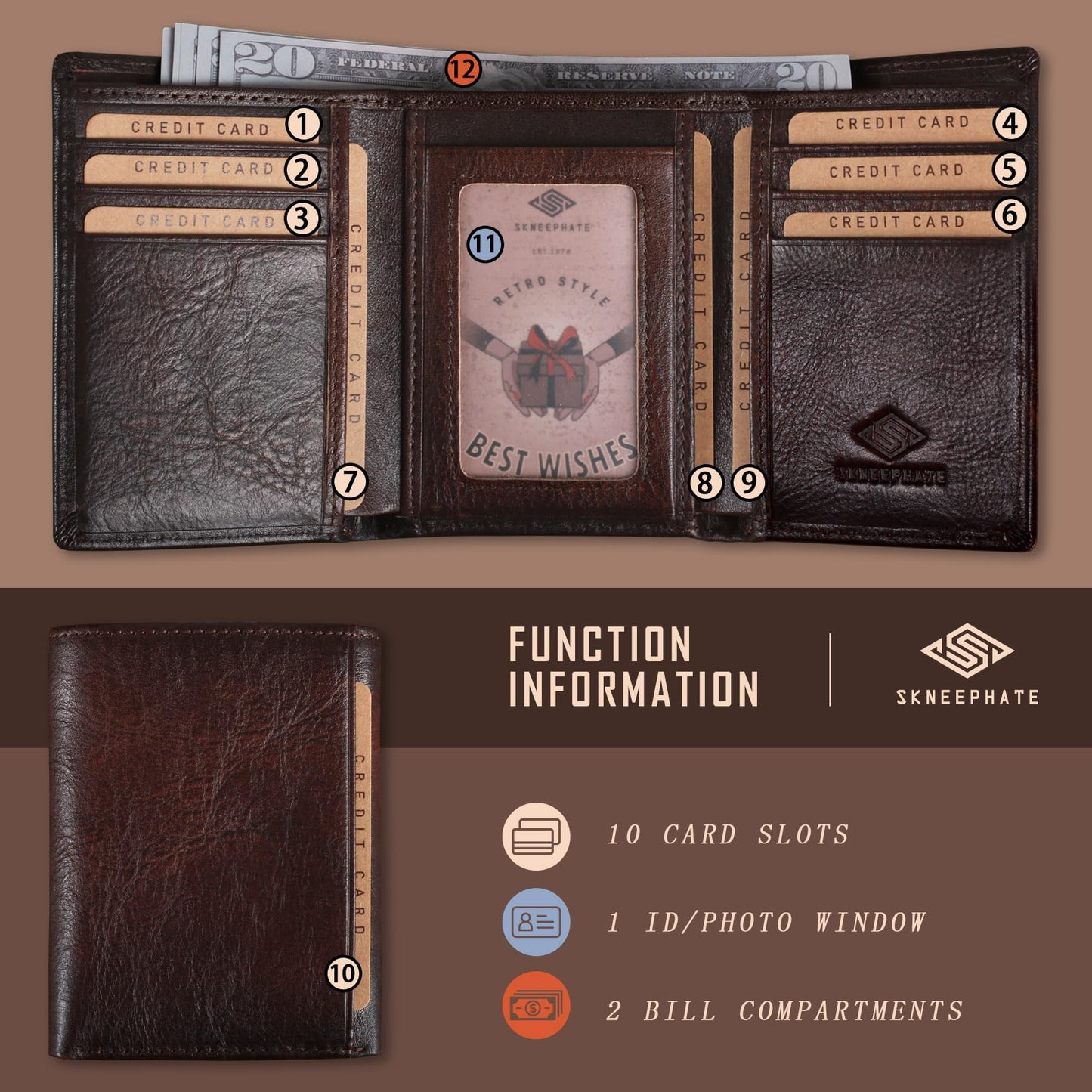 skneephate Men's Trifold Wallet,Wolf Wallets For Men Leather,Rfid Blocking,Gifts For Him Husband (coffee)