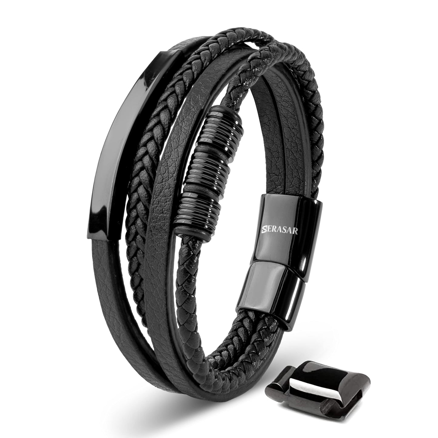 SERASAR Pulsera de Cuero Negro para Hombre, 17cm, Caja Regalo, Real, Piel Vaca, Ajustable, Cierre Magnético, Cuerda Envoltura, Masculino, Pulseras, Banda, Joyas, Imán