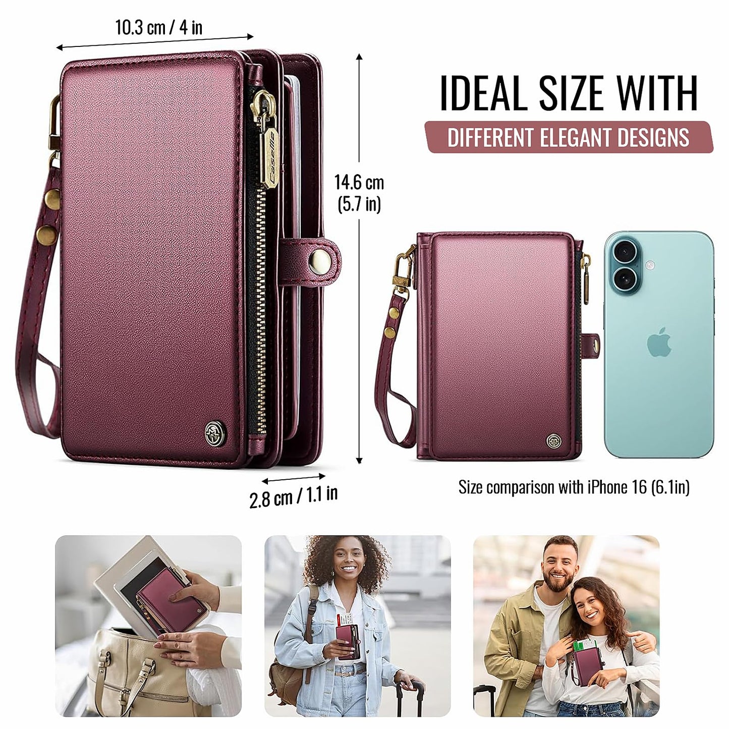 XIMAND Passport Holder Wallet Bag with AirTag Holder, 11 Card Slots and Passport Solt Cash Solt Photo Solt Zipper Pocket, RFID Blocking Wristlet Strap.Wine
