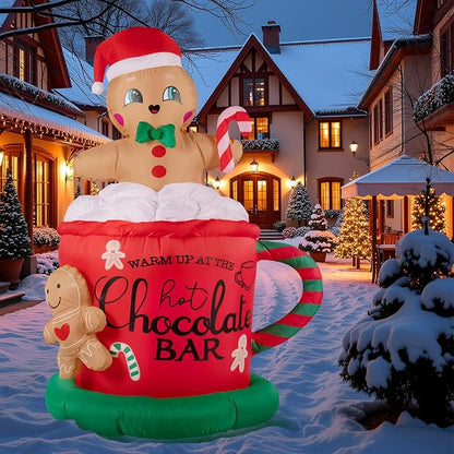 6.5FT Giant Inflatable Gingerbread Man with LED Lights, All-Weather Outdoor Christmas Decoration, Hot Chocolate Mug Yard Decor