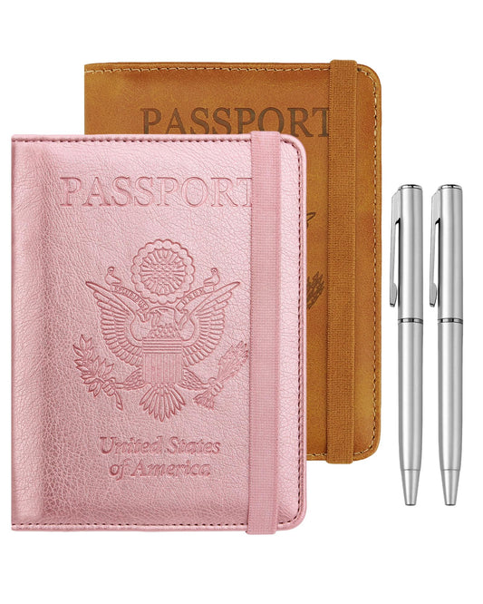 WALNEW Passport Holder for Travel, RFID Passport Cover Wallet for Women Men, PU Leather Passport Book Card Holder Case with Pen (Elastic Band Closure, AA-Brown+Rosegold)