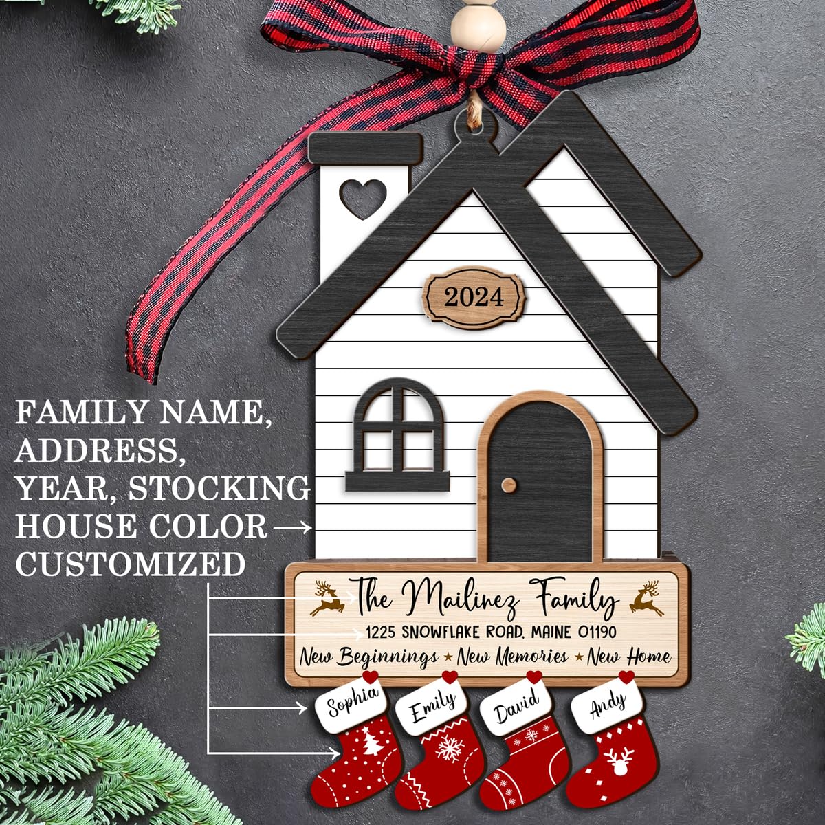 Fastpeace Personalized Christmas 2025 New Home Ornament – 2 Layer Wooden Family of 2/3/4/5/6/7/8/9/10 Members with Custom Names, Address, and Year House Decoration – New Beginnings Holiday Keepsake