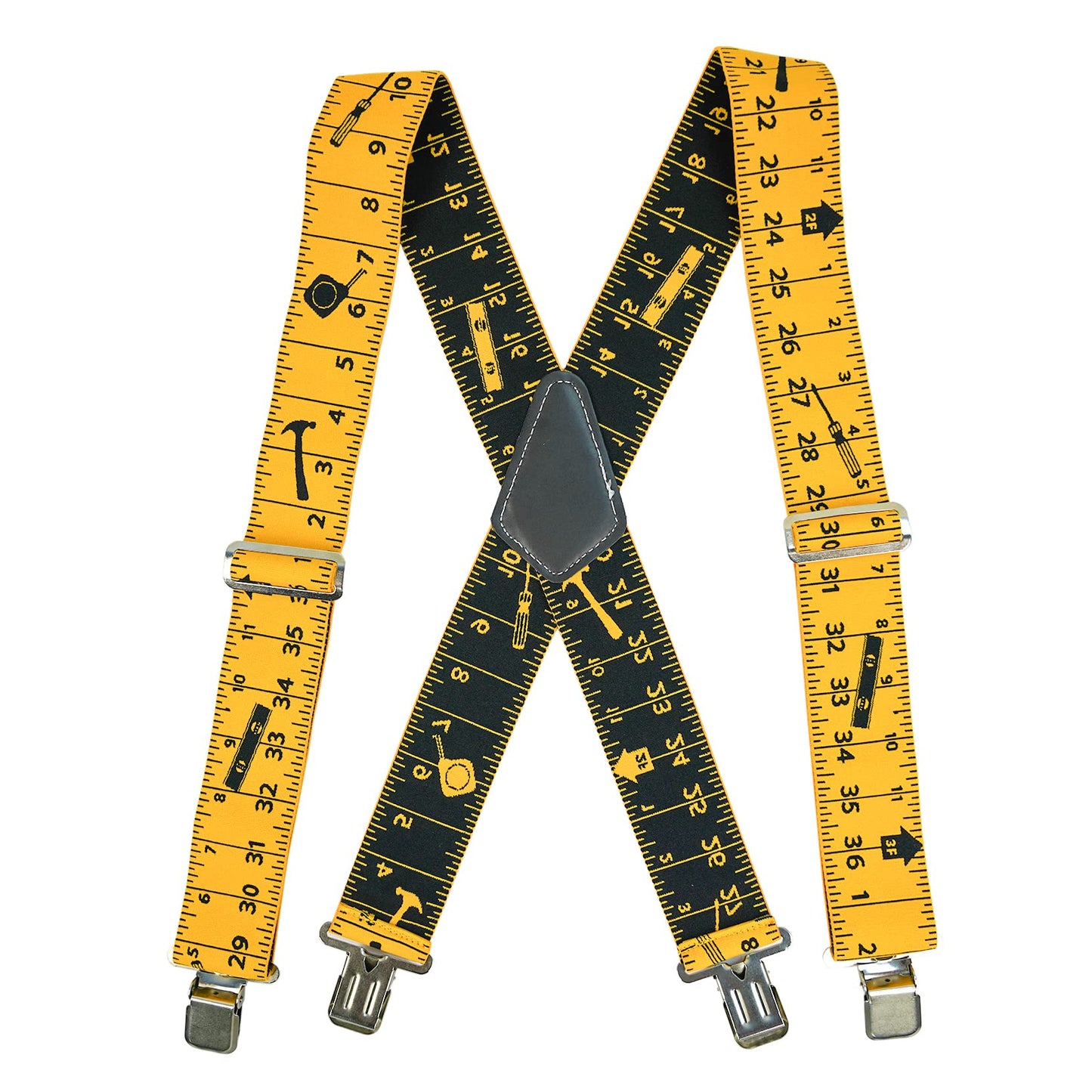 KUNN Men Suspender Tape Measure Pattern 2 inch Suspender Fully Strength Elastic with Heavy Duty Clip,Yellow Color