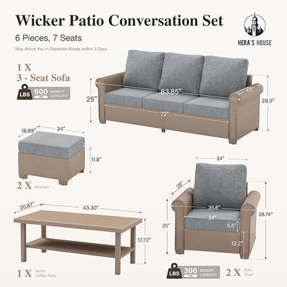 HERA'S HOUSE 6-Piece Patio Furniture Set, All Weather 7 Seats Outdoor Wicker Sofa with Ottomans, Rattan Patio Conversation Set with 5.5" Thick Cushions and 44" Coffee Table, Grey
