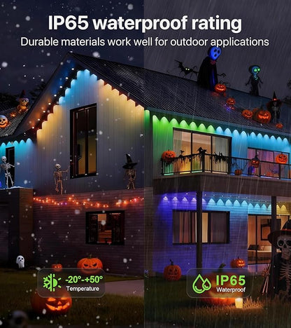 Permanent Outdoor Lights for House: 100FT RGB+IC LED Eave Light with Smart APP & Remote Control, 72 Scene Modes, IP65 Waterproof String Lights-Party, Christmas Decoration(Extension Cord Not Included)