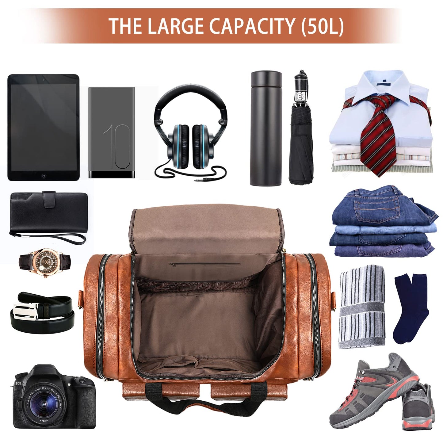 Travel Duffel Bag for Men, Large PU Leather Carry on Duffle Bag for Traveling, Waterproof Overnight Weekender Gym Bags with Shoe Compartment - Perfect for Daily Use/Birthday Gift
