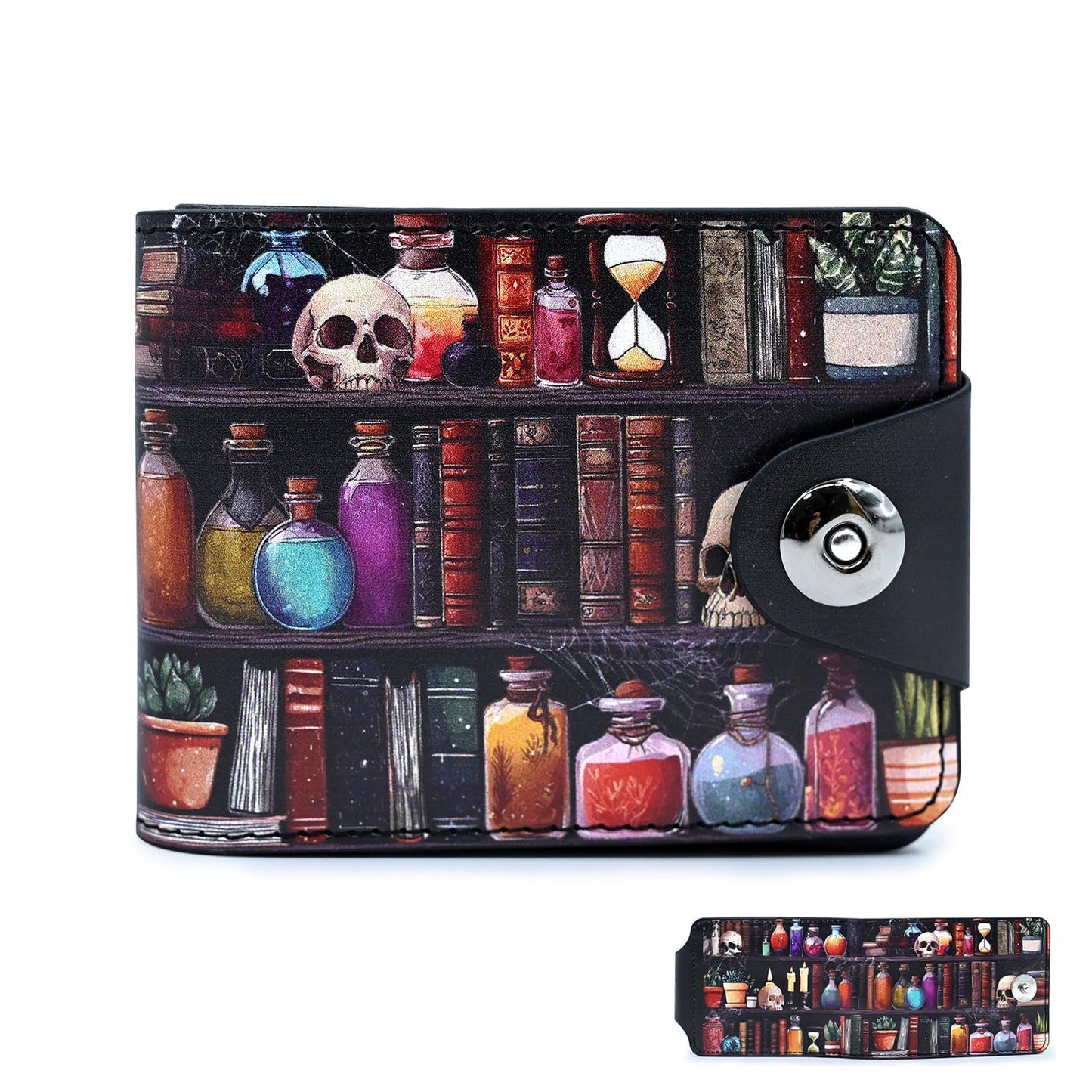 Tezmd Bookshelves Skull Small Wallet Leather Slim Bifold Credit Wallets RFID Blocking Card Holder Zipper Coin Pocket Cash Purse with ID Window